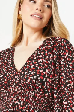 Red Animal V Neck Shirred Waist Midi Dress