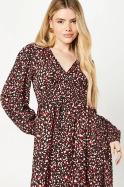 Red Animal V Neck Shirred Waist Midi Dress