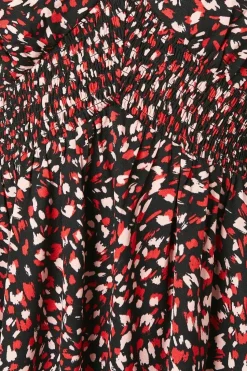 Red Animal V Neck Shirred Waist Midi Dress