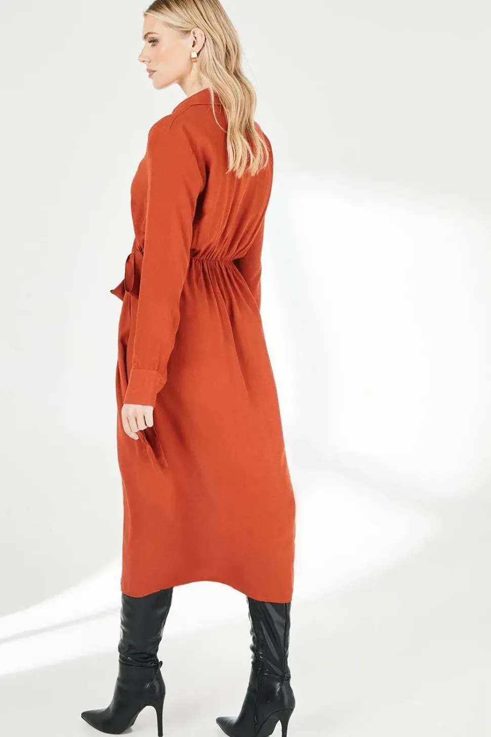 Red Belt Detail Collared Wrap Dress
