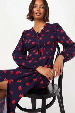 Red Ditsy Floral Tie Front Ruffle Midi Dress
