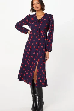 Red Ditsy Floral Tie Front Ruffle Midi Dress