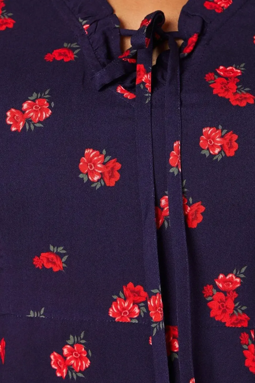 Red Ditsy Floral Tie Front Ruffle Midi Dress