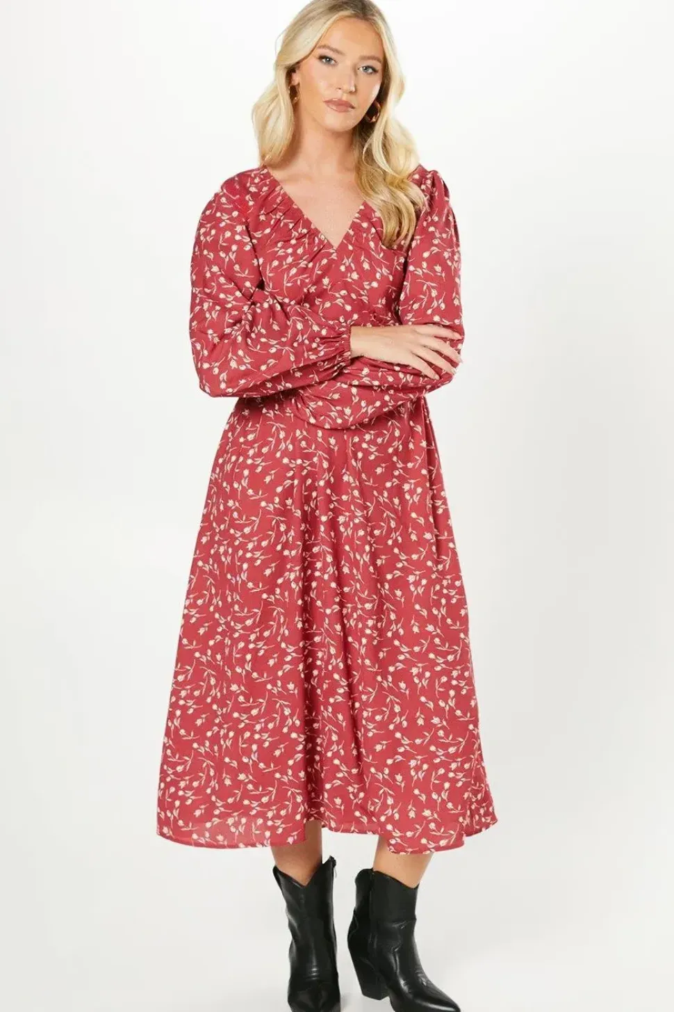 Red Ditsy Ruffle Hem Midi Dress