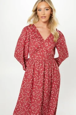 Red Ditsy Ruffle Hem Midi Dress
