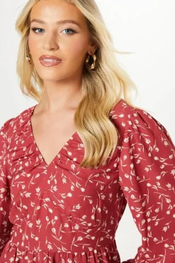 Red Ditsy Ruffle Hem Midi Dress
