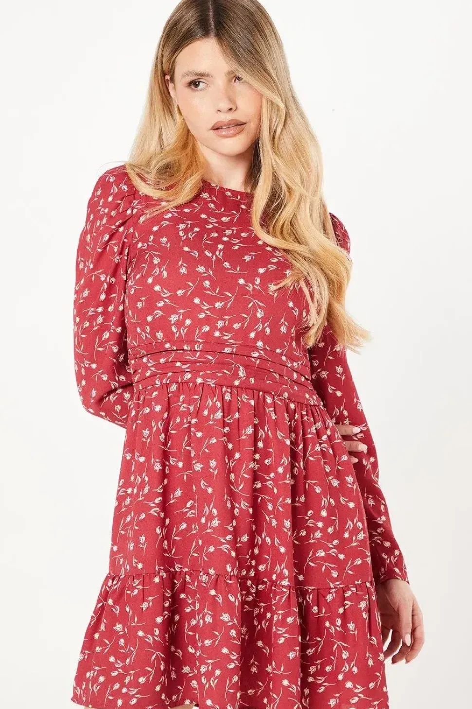 Red Ditsy Ruffle Hem Mini Dress