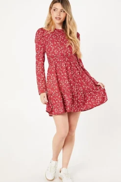 Red Ditsy Ruffle Hem Mini Dress