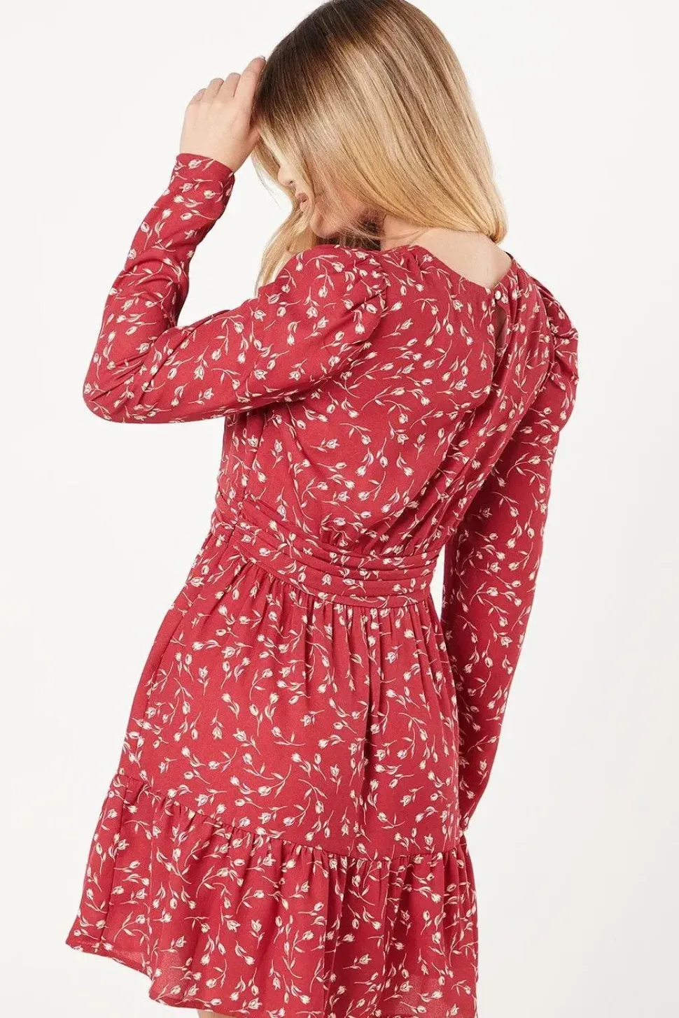 Red Ditsy Ruffle Hem Mini Dress