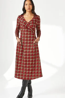 Red Dogtooth Jacquard Wrap Dress