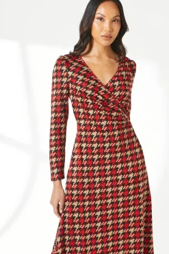 Red Dogtooth Jacquard Wrap Dress