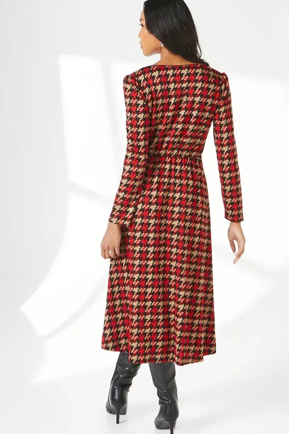 Red Dogtooth Jacquard Wrap Dress