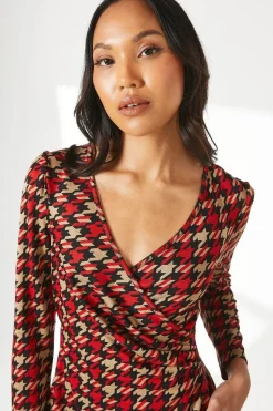 Red Dogtooth Jacquard Wrap Dress