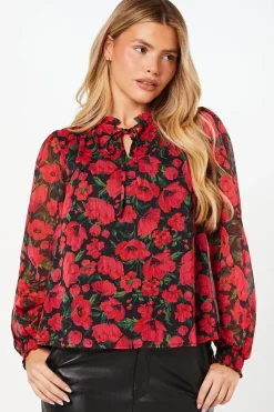 Red Floral Chiffon Ruffle Shoulder Overhead Blouse