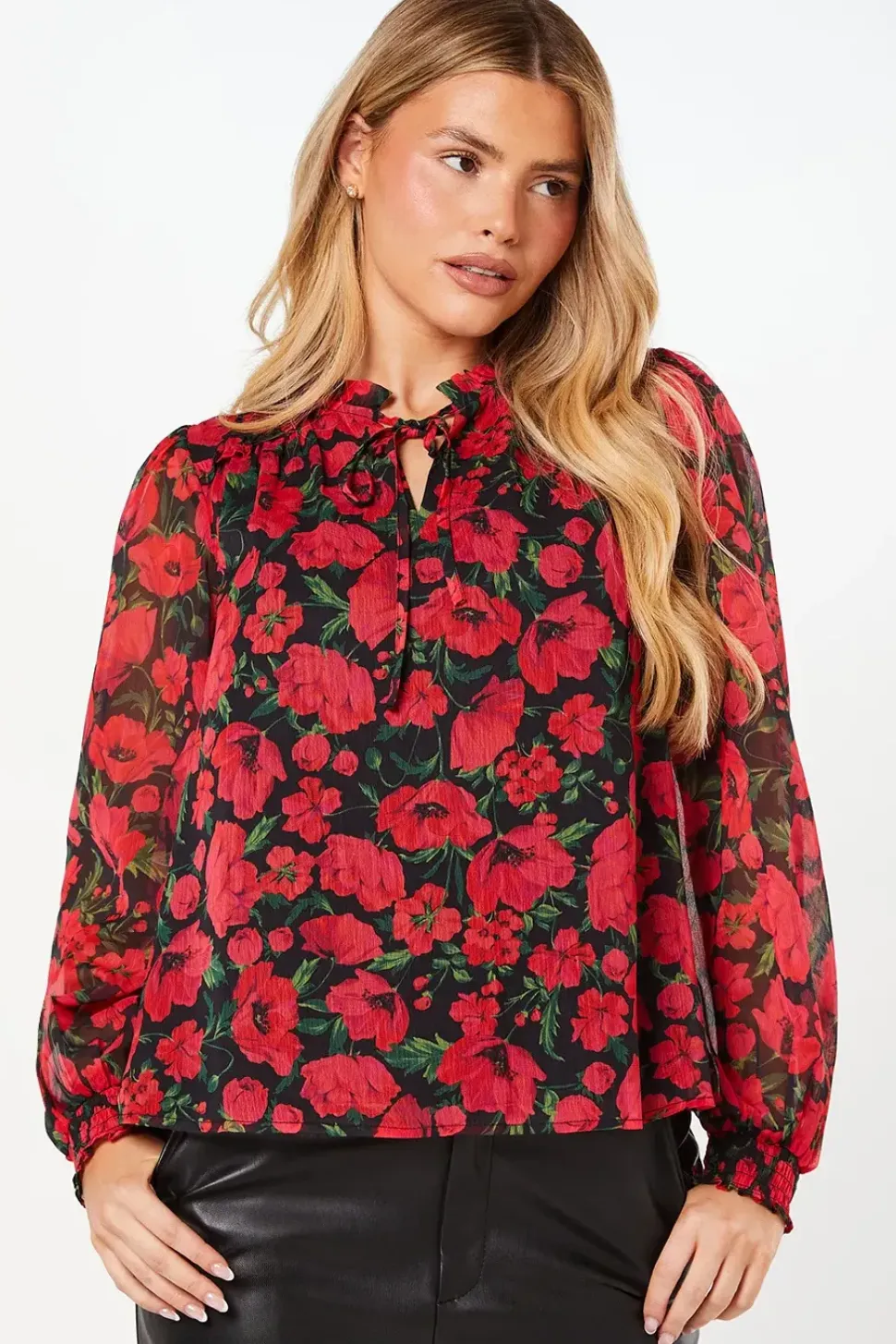 Red Floral Chiffon Ruffle Shoulder Overhead Blouse