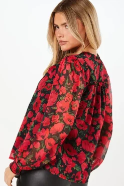 Red Floral Chiffon Ruffle Shoulder Overhead Blouse