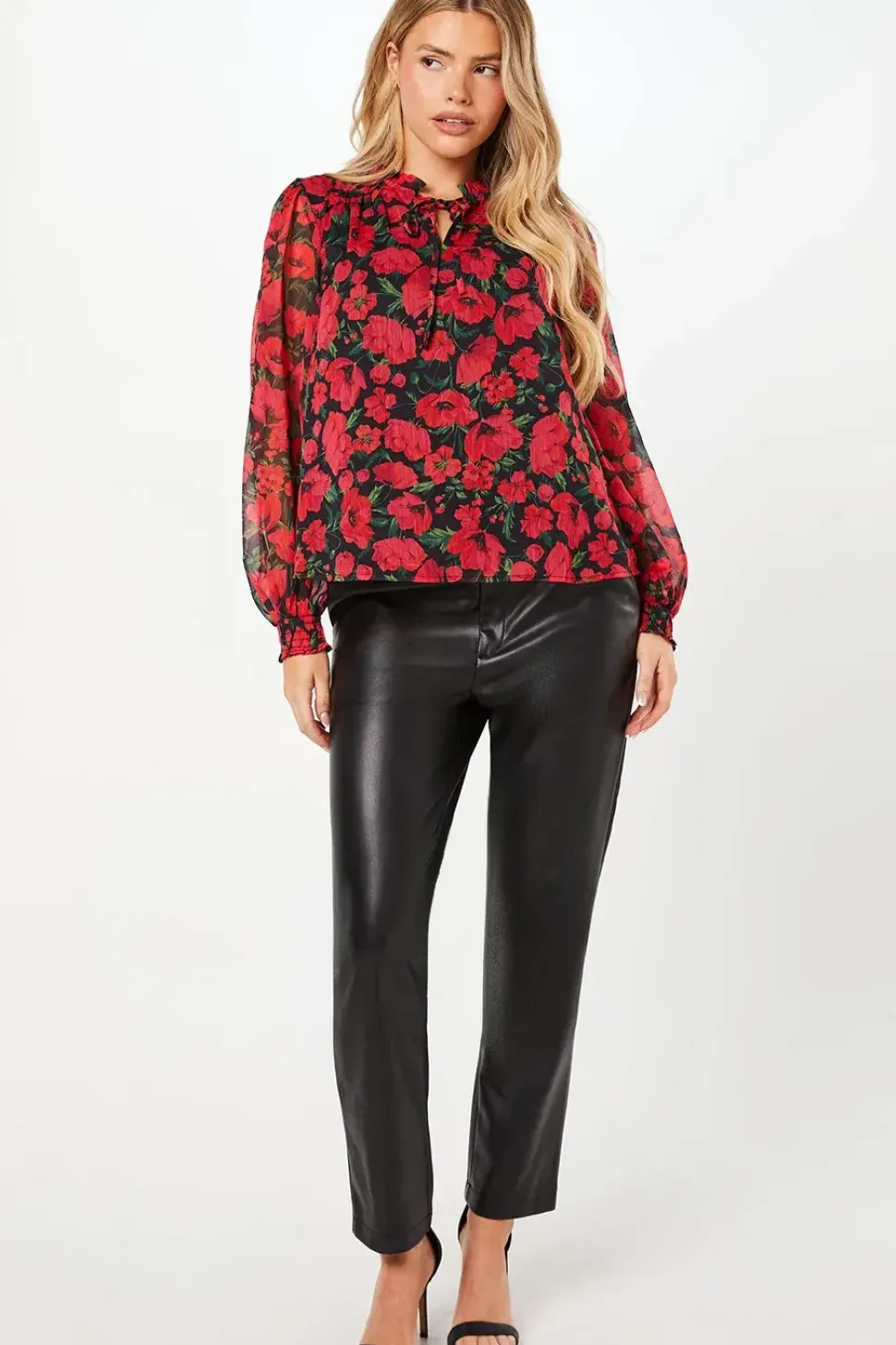 Red Floral Chiffon Ruffle Shoulder Overhead Blouse