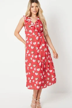 Red Floral Frill Neck Detail Wrap Midi Dress
