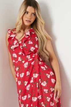 Red Floral Frill Neck Detail Wrap Midi Dress