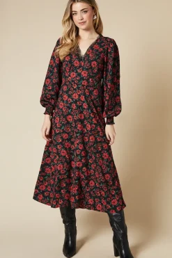 Red Floral Lace Trim Midi Dress