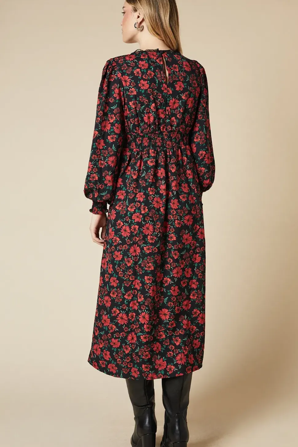 Red Floral Lace Trim Midi Dress