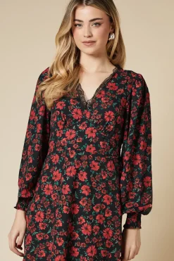 Red Floral Lace Trim Midi Dress