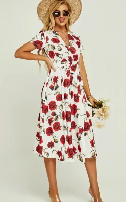 Red Floral Print High Waist Wrap Midi Dress In White