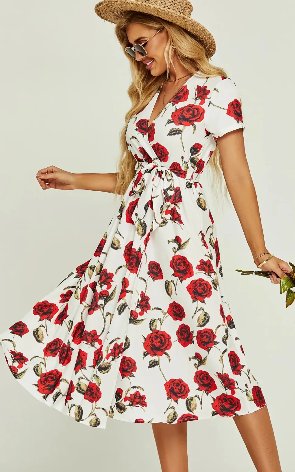 Red Floral Print High Waist Wrap Midi Dress In White