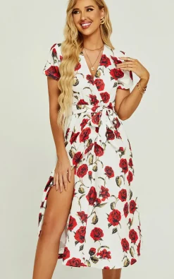 Red Floral Print High Waist Wrap Midi Dress In White