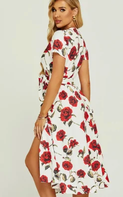 Red Floral Print High Waist Wrap Midi Dress In White