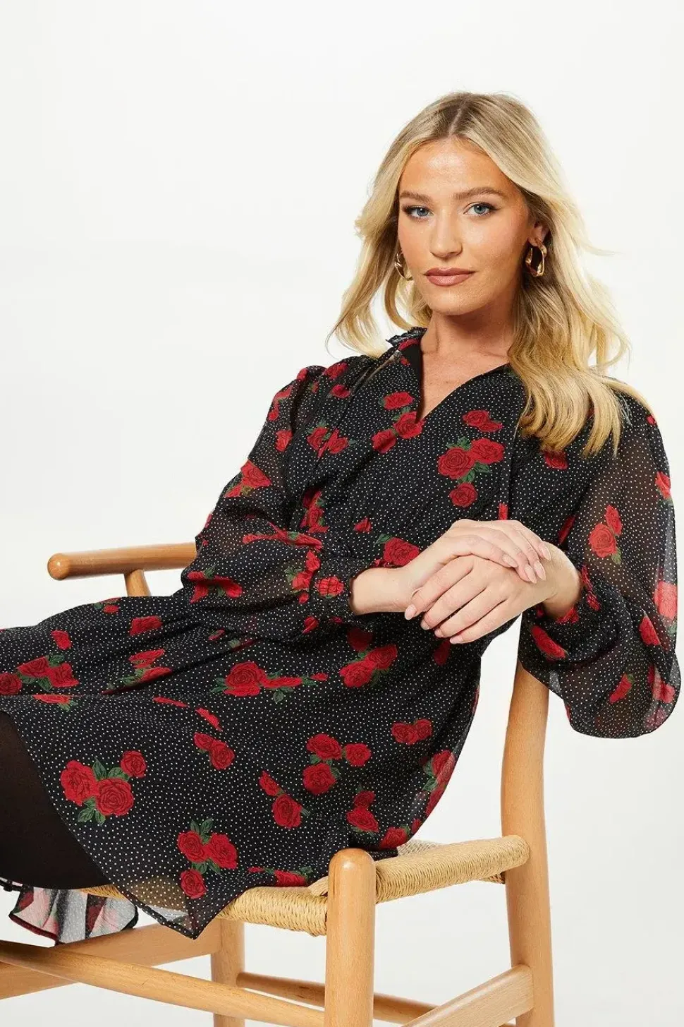 Red Floral Spot Chiffon Lace Insert Long Sleeve Mini Dress
