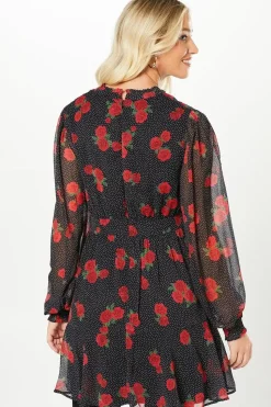 Red Floral Spot Chiffon Lace Insert Long Sleeve Mini Dress