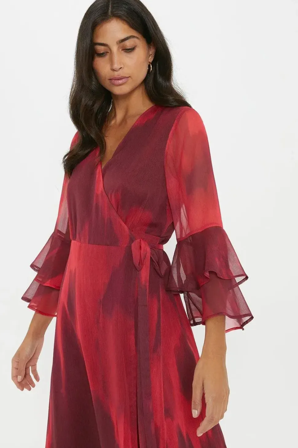 Red Ombre Flute Sleeve Wrap Dress