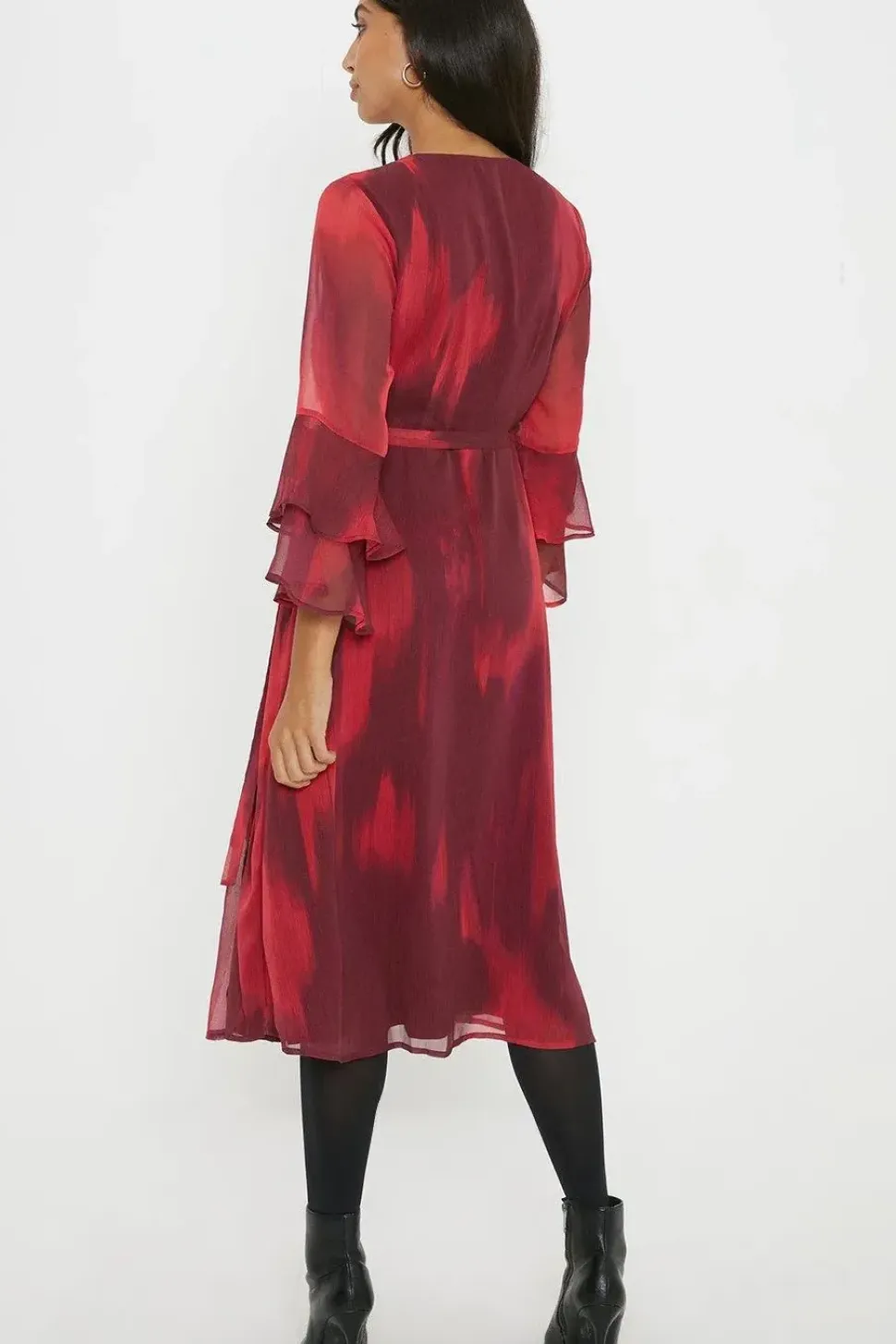 Red Ombre Flute Sleeve Wrap Dress