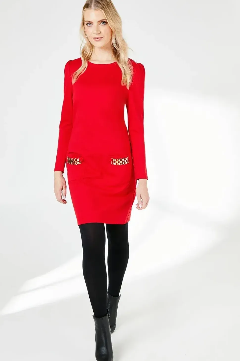 Red Pocket Detail Ponte Shift Dress