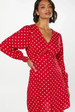 Red Spot Button Front Mini Dress