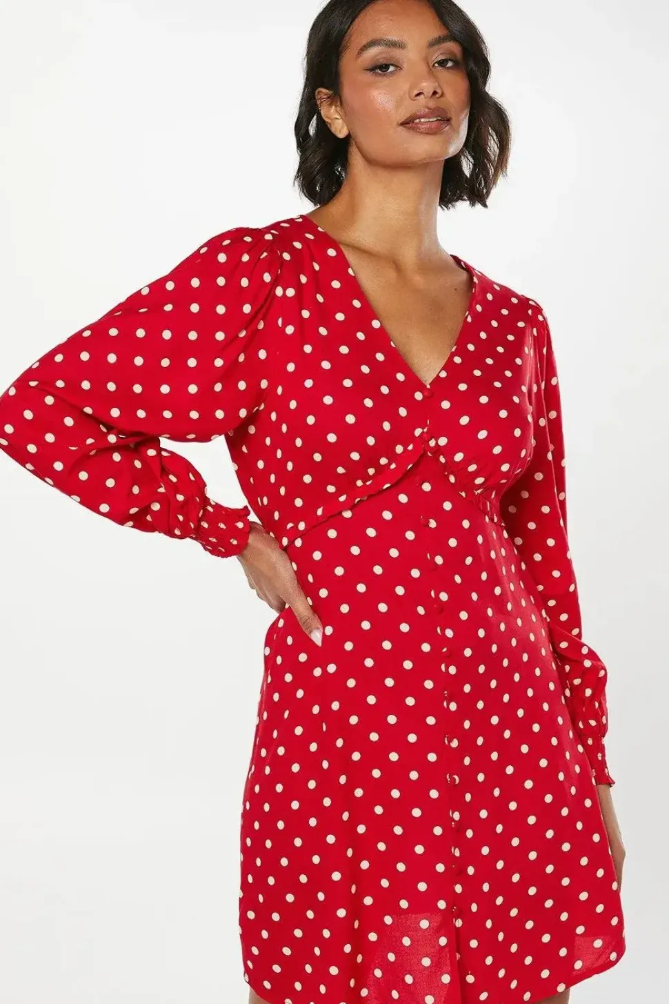 Red Spot Button Front Mini Dress