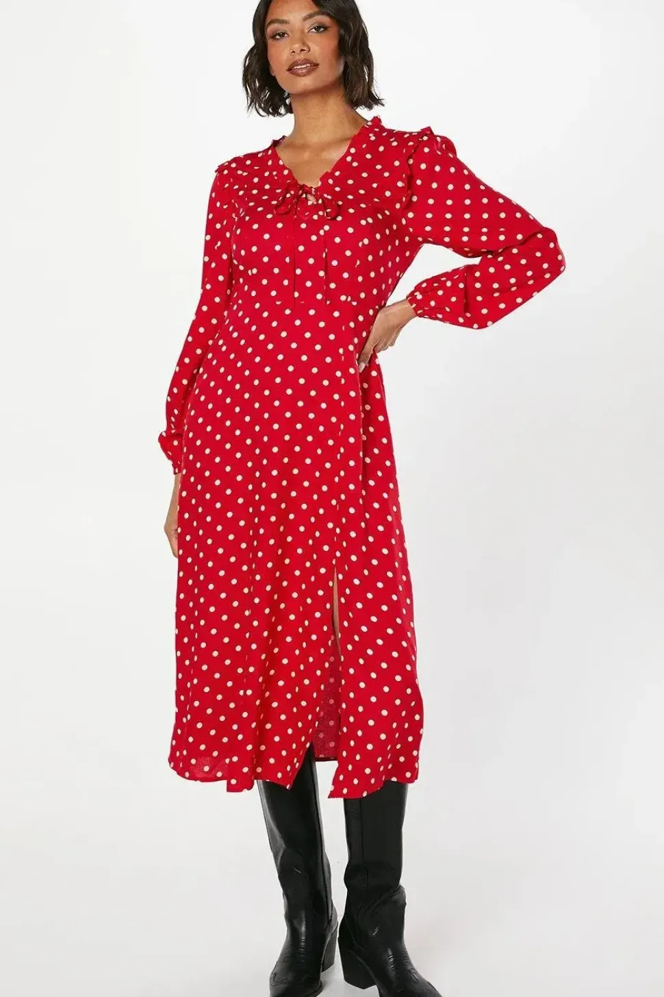 Red Spot Tie Front Ruffle Midi Dress