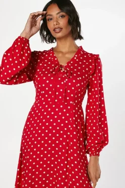 Red Spot Tie Front Ruffle Midi Dress