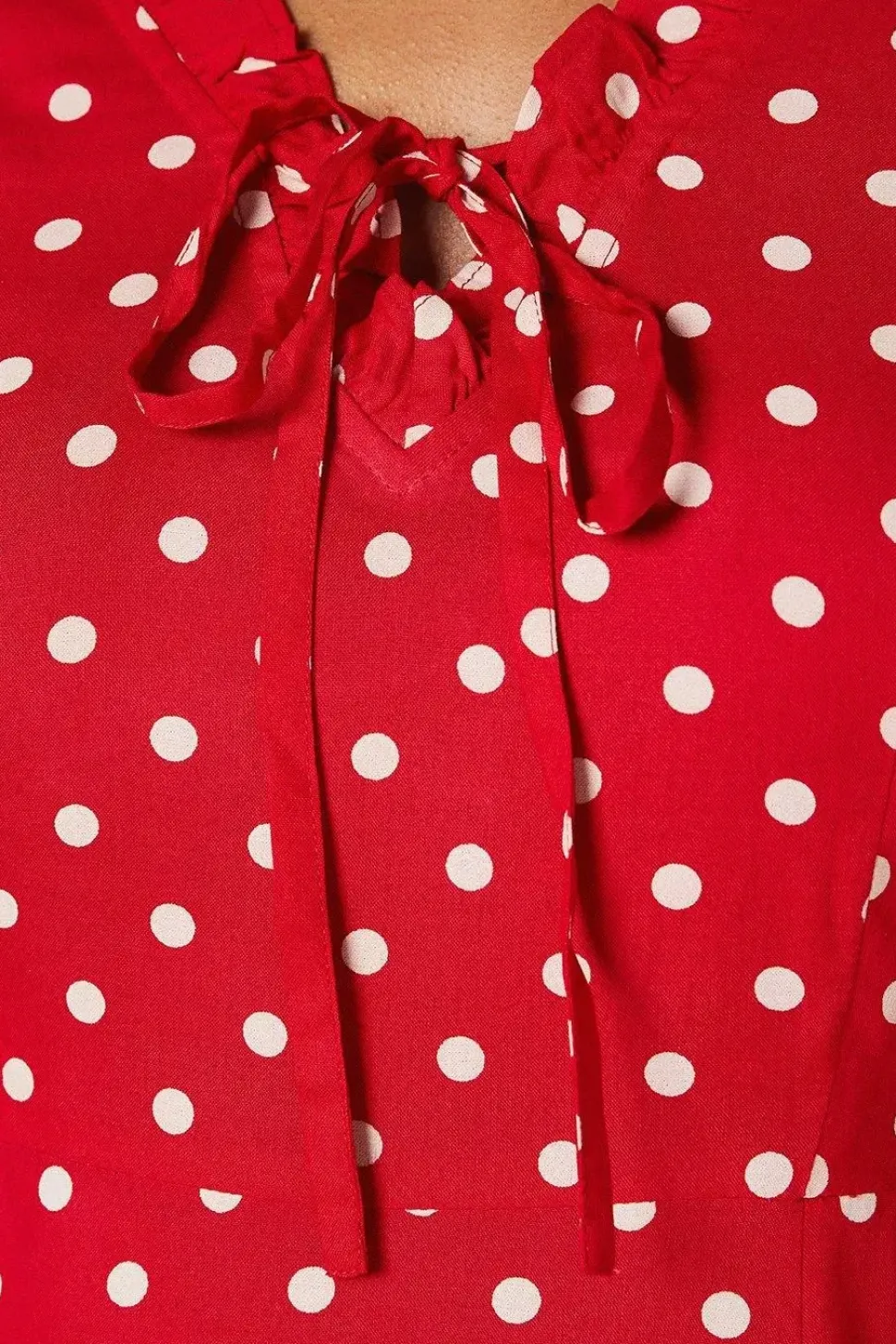 Red Spot Tie Front Ruffle Midi Dress