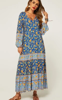 Relaxed Block Color Floral Printed Maxi Dress In Blue