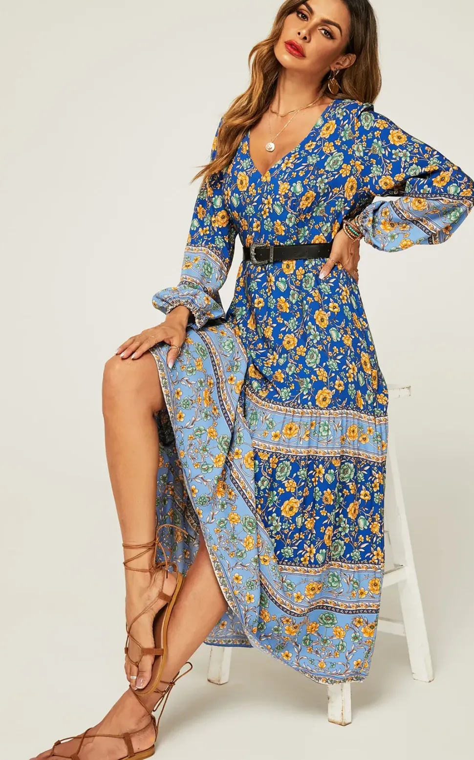 Relaxed Block Color Floral Printed Maxi Dress In Blue
