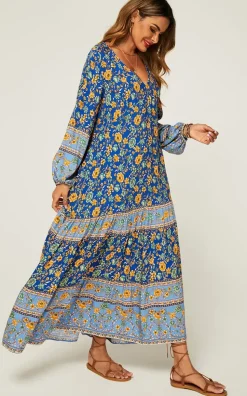Relaxed Block Color Floral Printed Maxi Dress In Blue