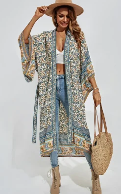 Relaxed Cotton Kimono In Blue Floral