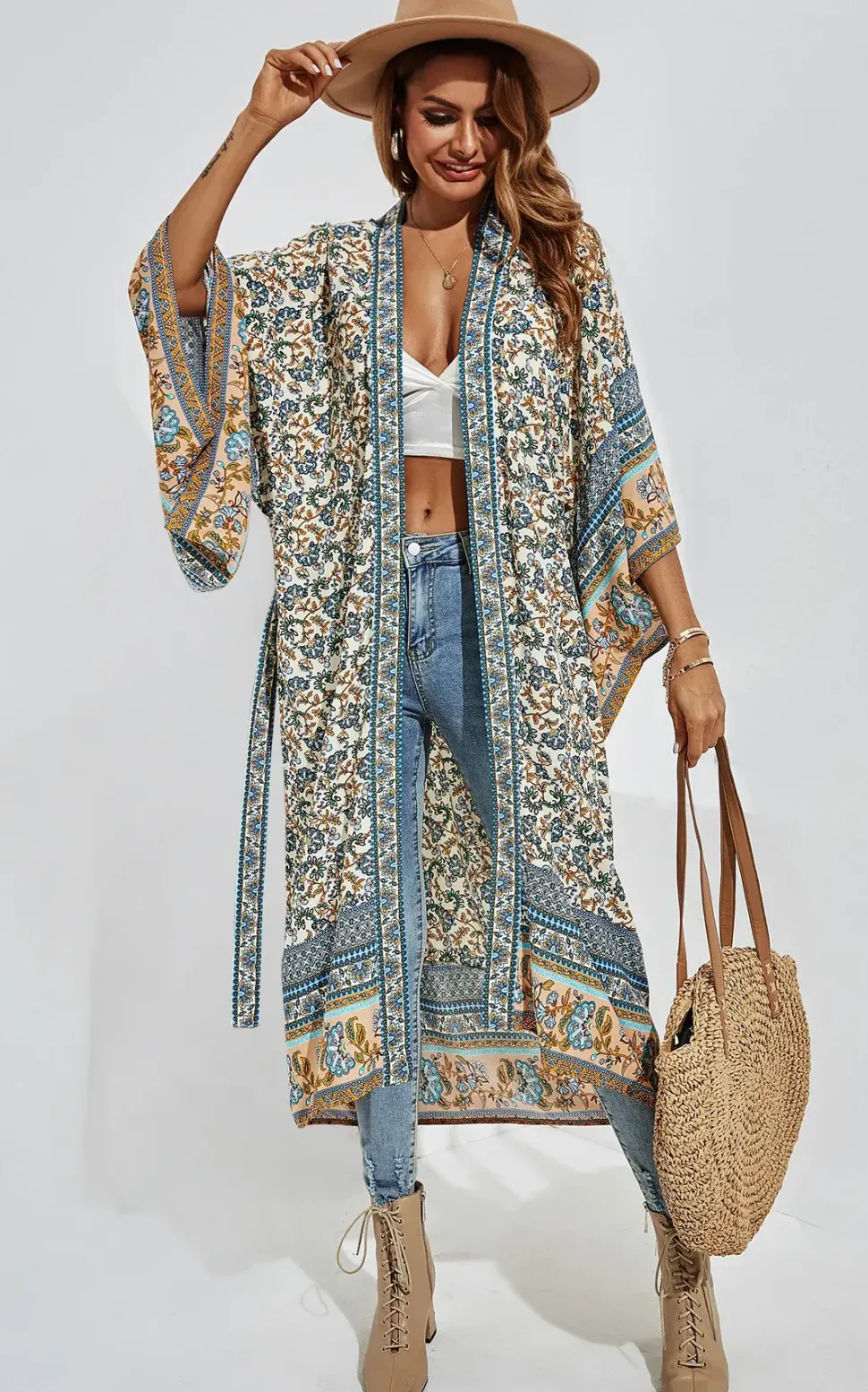 Relaxed Cotton Kimono In Blue Floral