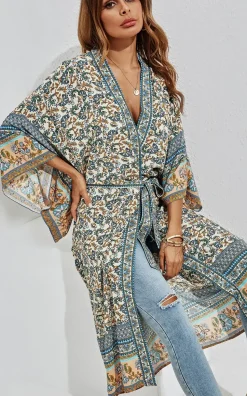 Relaxed Cotton Kimono In Blue Floral