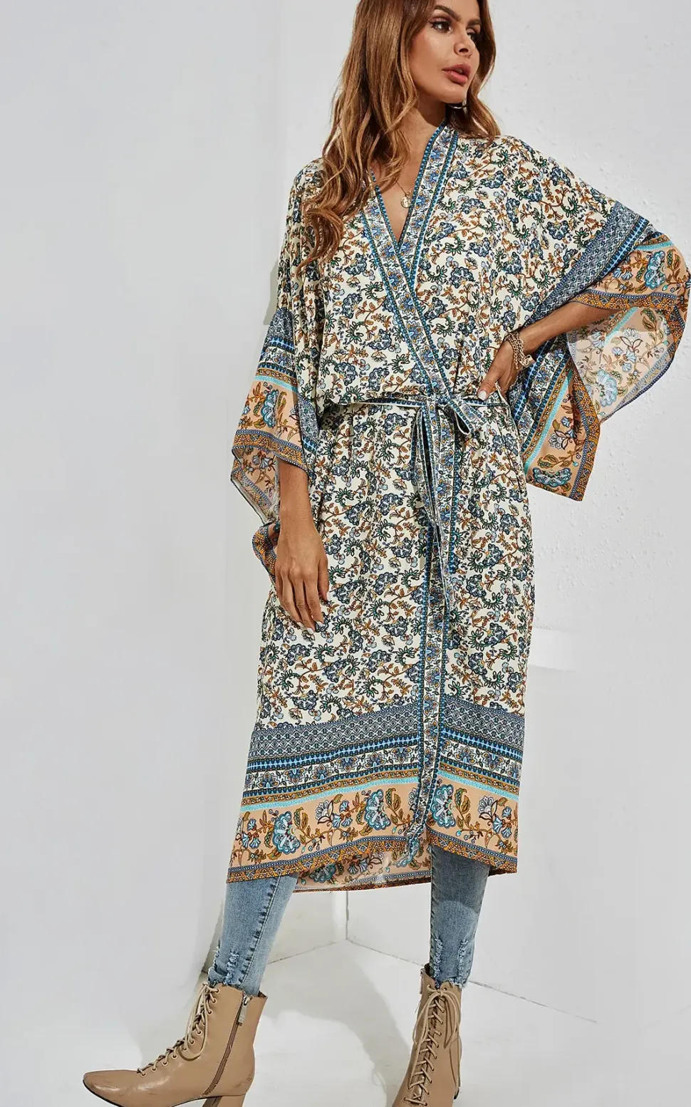Relaxed Cotton Kimono In Blue Floral