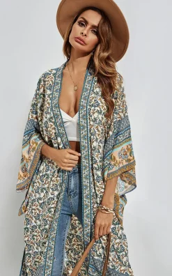 Relaxed Cotton Kimono In Blue Floral