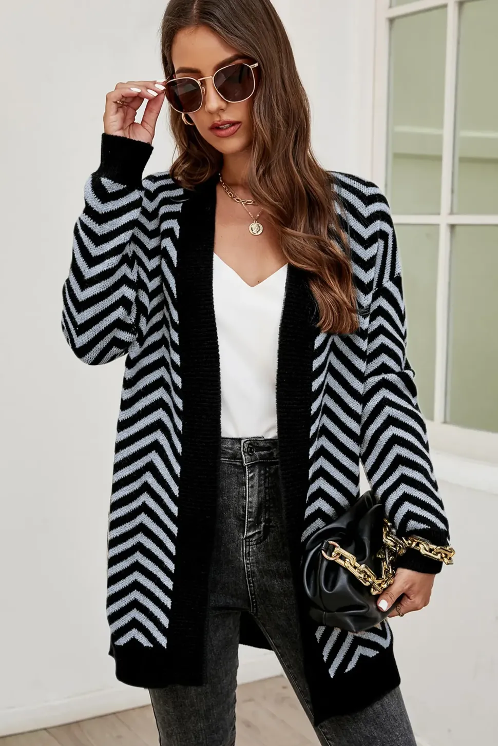 Relaxed Geometric Intarsia Cozy Soft Cardigan In Grey & Black