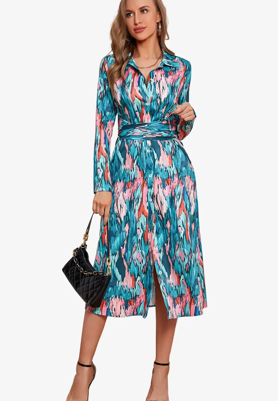 Relaxed Long Sleeve Wrap Waist Midi Shirt Dress